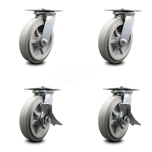 8 Inch Thermoplastic Rubber Swivel Caster Set with Ball Bearings 2 Brakes SCC